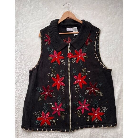 Vintage White Stag Women’s Plus Christmas Poinsettia Embroidered Sweater Vest - Picture 1 of 5
